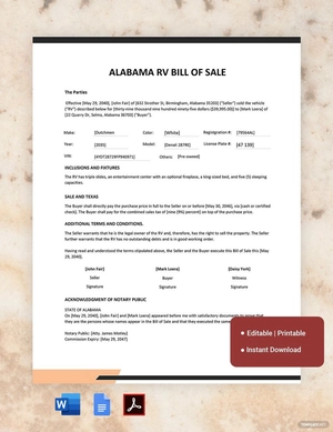 Alabama RV Bill of Sale Template
