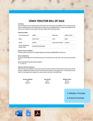 Iowa Tractor Bill of Sale Template