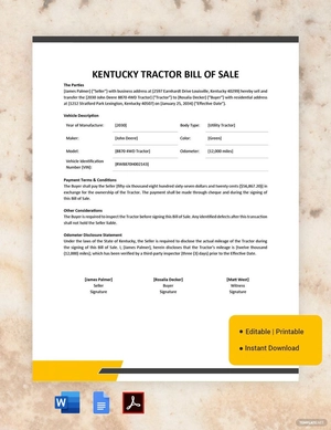 Kentucky Tractor Bill of Sale Template