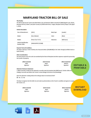Maryland Tractor Bill of Sale Template