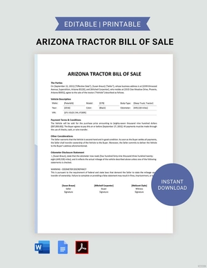 Arizona Tractor Bill of Sale Template