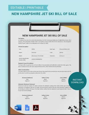 New Hampshire Jet Ski Bill of Sale Template