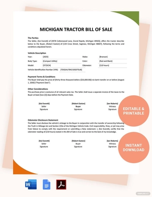 Michigan Tractor Bill Of Sale Template