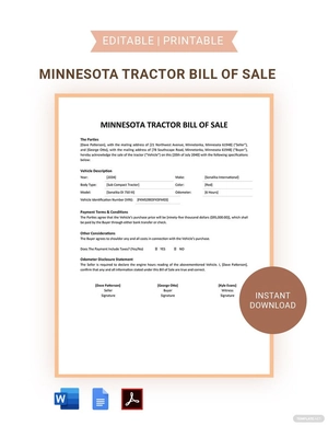 Minnesota Tractor Bill Of Sale Template