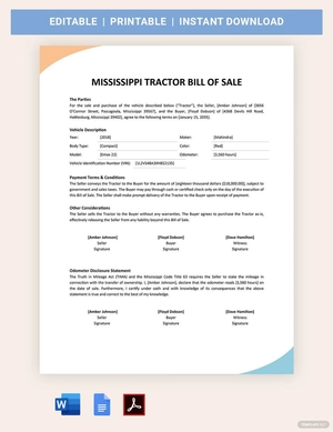 Mississippi Tractor Bill Of Sale Form Template