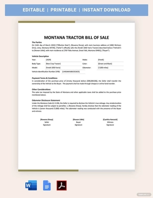 Montana Tractor Bill Of Sale Template
