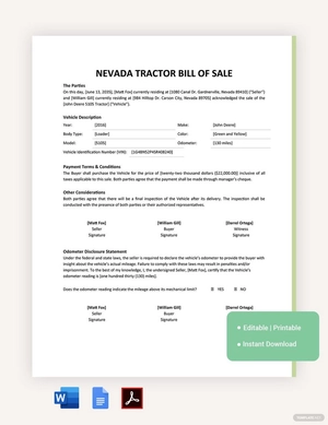 Nevada Tractor Bill Of Sale Template