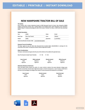 New Hampshire Tractor Bill Of Sale Template