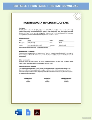 North Dakota Tractor Bill Of Sale Template