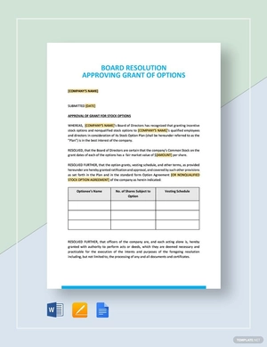 Board Resolution Approving Grant of Options Template