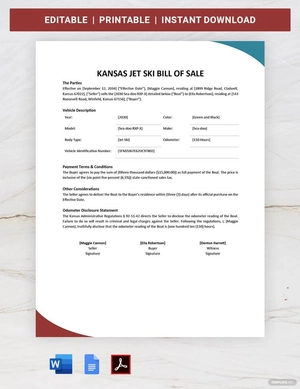 Kansas Jet Ski Bill of Sale Form Template