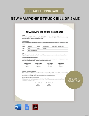 New Hampshire Truck Bill of Sale Template New Hampshire Truck Bill of Sale Template