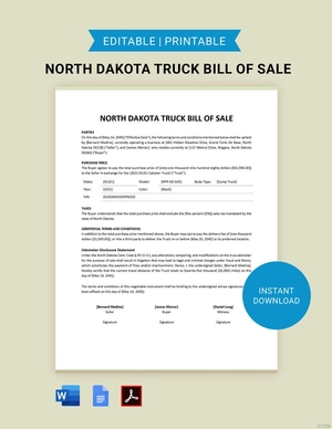 North Dakota Truck Bill of Sale Template