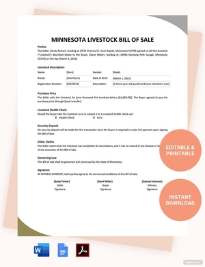Minnesota Livestock Bill Of Sale Template
