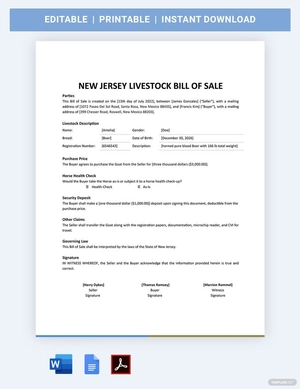 New Jersey Livestock Bill Of Sale Template