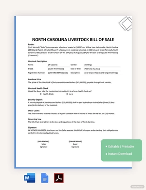 North Carolina Livestock Bill Of Sale Template