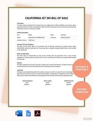 California Jet Ski Bill Of Sale Template