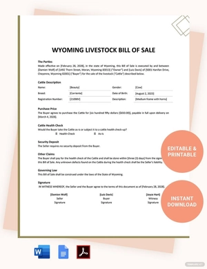 Wyoming Livestock Bill of Sale Template