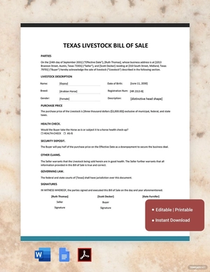 Texas Livestock Bill Of Sale Template