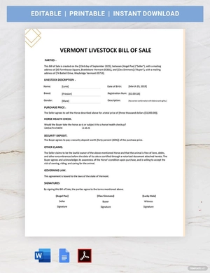 Vermont Livestock Bill of Sale Template