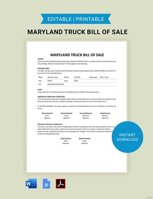 Maryland Truck Bill of Sale Template