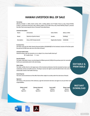 Hawaii Livestock Bill of Sale Template Hawaii Livestock Bill of Sale Template