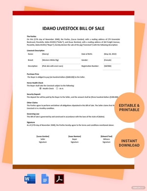 Idaho Livestock Bill of Sale Template Idaho Livestock Bill of Sale Template