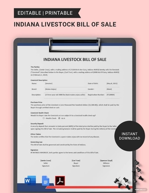 Indiana Livestock Bill of Sale Template Indiana Livestock Bill of Sale Template