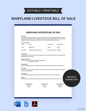Maryland Livestock Bill of Sale Template Maryland Livestock Bill of Sale Template