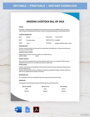 Arizona Livestock Bill of Sale Form Template Arizona Livestock Bill of Sale Form Template