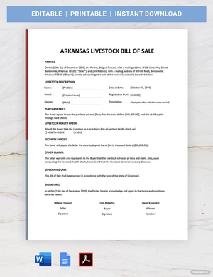 Arkansas Livestock Bill of Sale Template Arkansas Livestock Bill of Sale Template