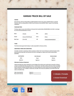 Kansas Truck Bill of Sale Template Kansas Truck Bill of Sale Template