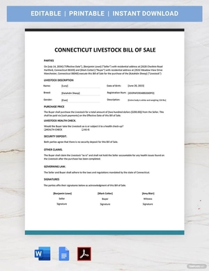 Connecticut Livestock Bill of Sale Template Connecticut Livestock Bill of Sale Template