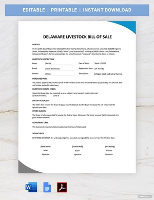 Delaware Livestock Bill of Sale Template Delaware Livestock Bill of Sale Template