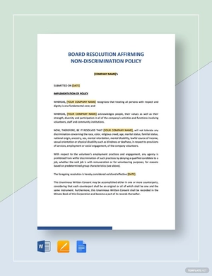 Board Resolution Affirming Non-Discrimination Policy Template