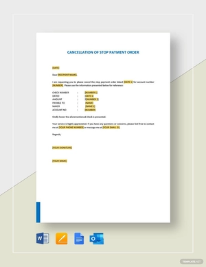 Cancellation of Stop Payment Order Template Cancellation of Stop Payment Order Template