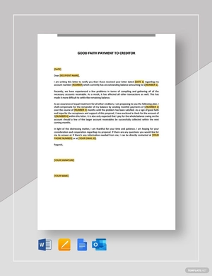 Good Faith Partial Payment to Creditor Template