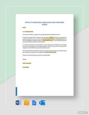 Notice to Employee Unqualified for Christmas Bonus Template