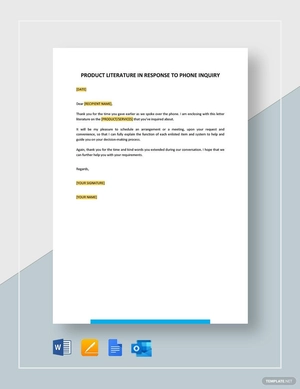 Product Literature in Response to Phone Inquiry Template