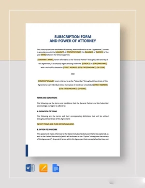 Subscription Form and Power of Attorney Template