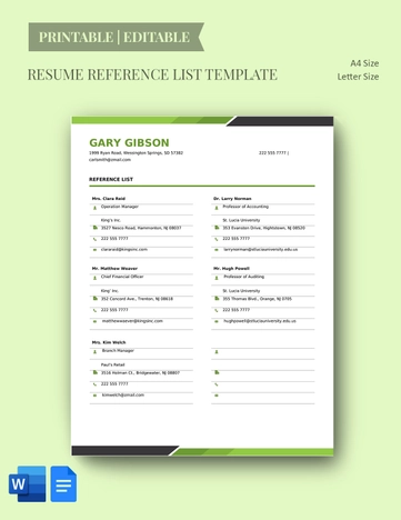 Resume Reference List Template