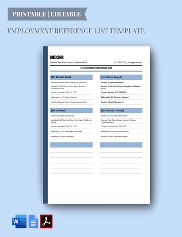 Employment Reference List Template