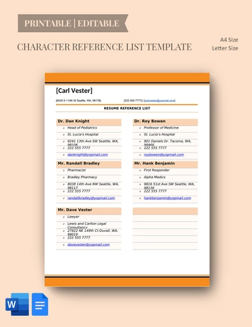 Character Reference List Template