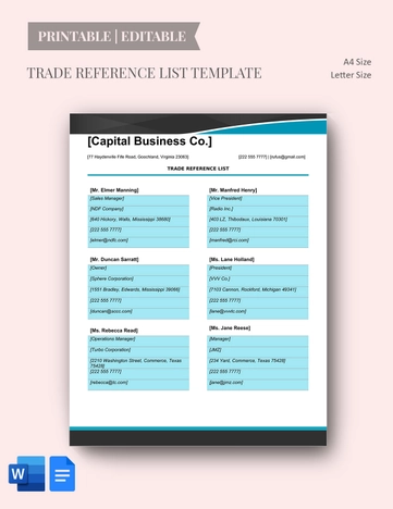 Trade Reference List Template