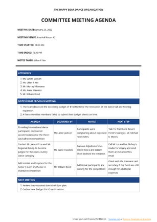 Committee Meeting Agenda Template