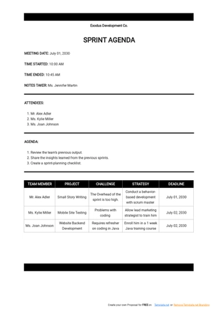 Sprint Agenda Template Sprint Agenda Template