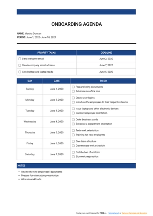 Onboarding Agenda Template Onboarding Agenda Template