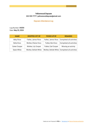 Daycare Attendance Log Template