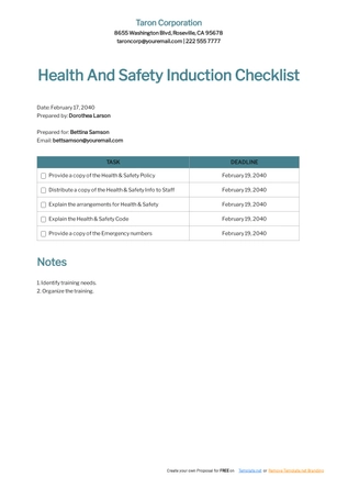 Health And Safety Induction Checklist Template