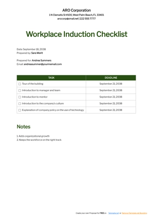 Workplace Induction Checklist Template
